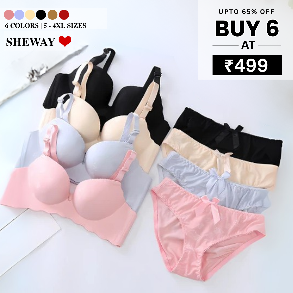 (Pack of 6) Women's  Bra Panty Lingerie Set for Girl's Combo | L-54