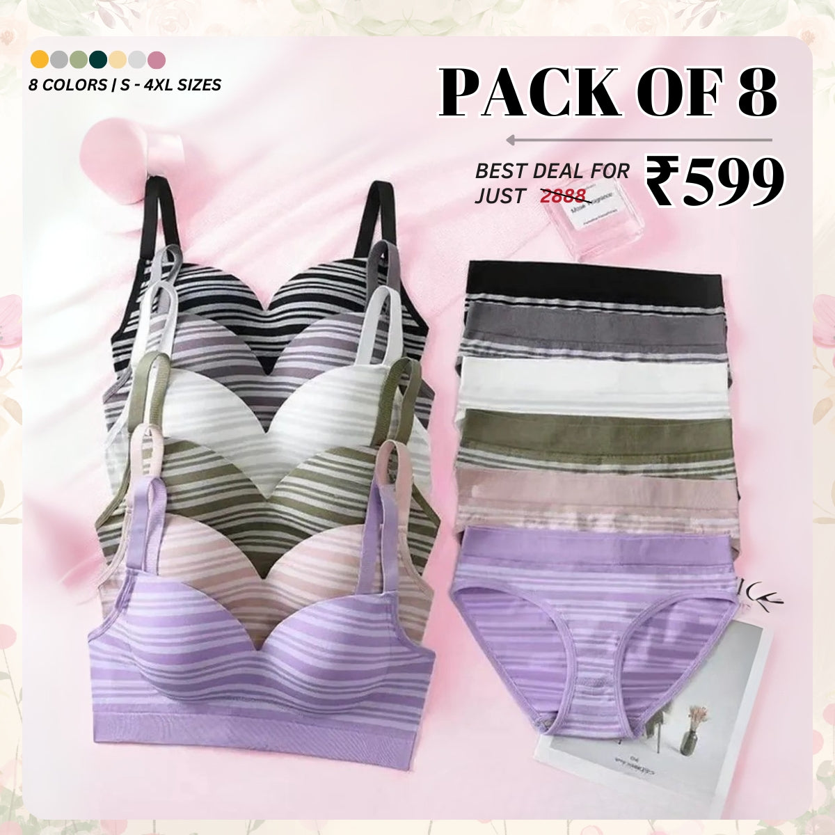 (Pack of 8) Women's  Bra Panty Lingerie Set for Girl's | L-107