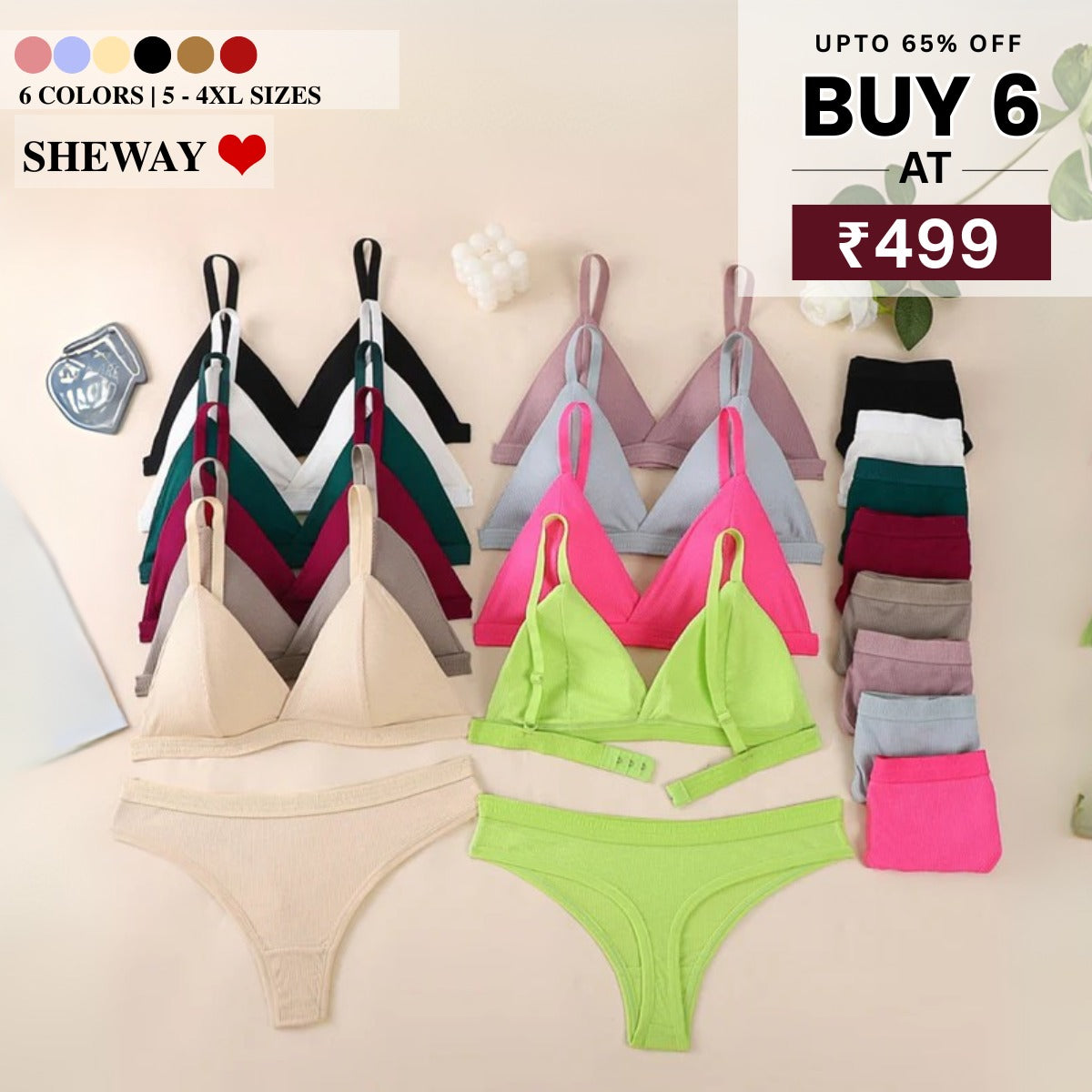 (Pack of 6) Women's  Bra Panty Lingerie Set for Girl's Combo| L-44