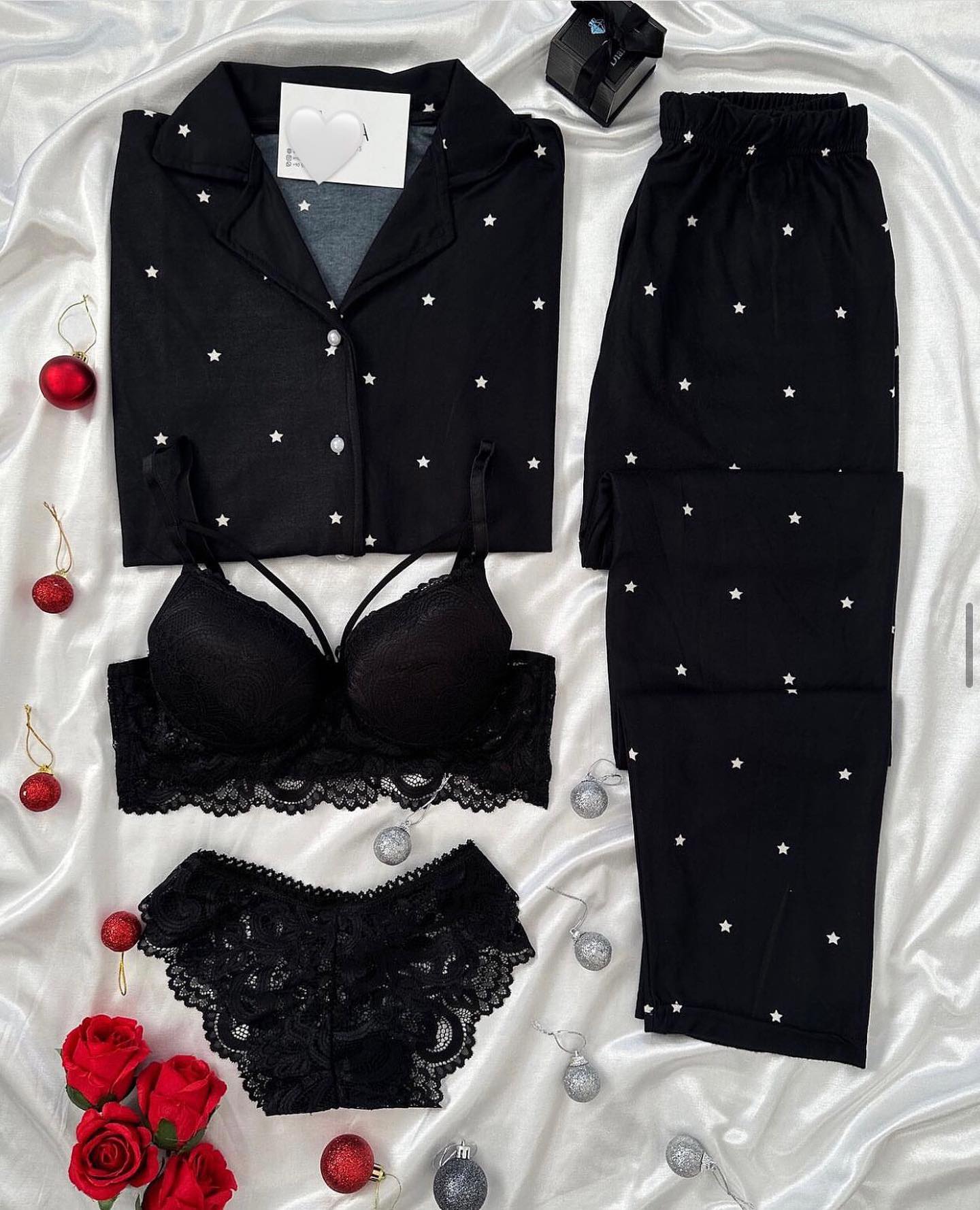 Red Love Night Suit & Bra Penty Set Combo for Women's