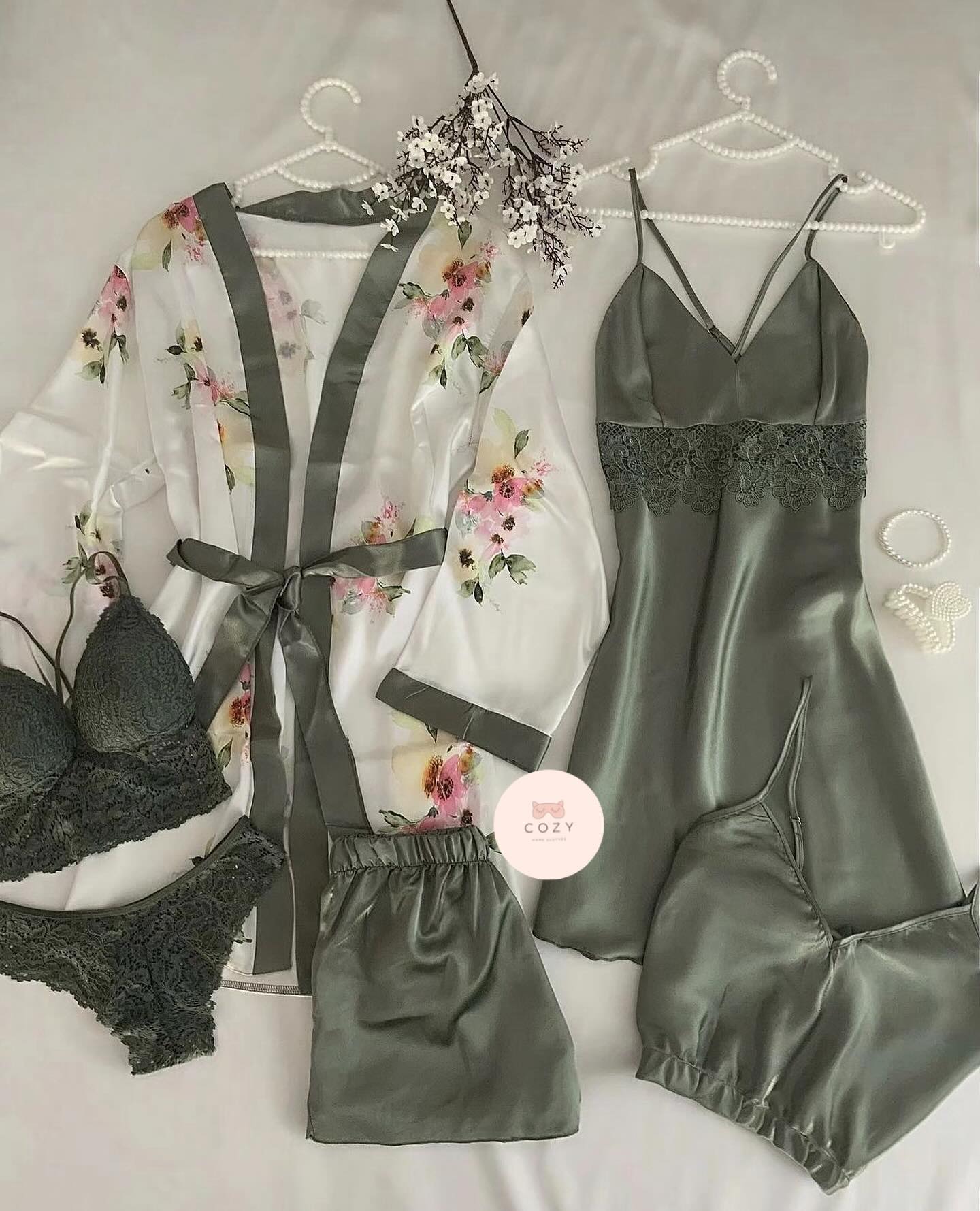 Green Love Night Suit & Bra Penty Set Combo for Women's